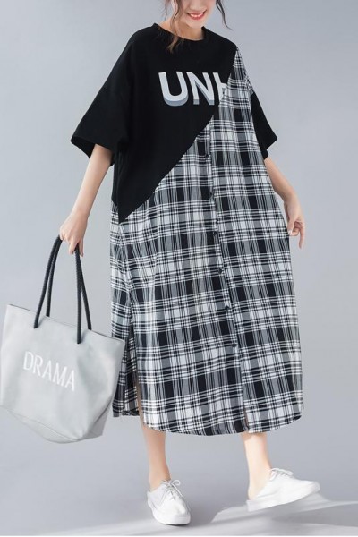 DIY black Plaid cotton quilting clothes Women Work o neck patchwork long Summer Dresses