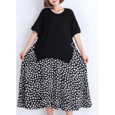 Women black Cotton tunic dress Casual pattern patchwork false two pieces oversized Summer Dresses