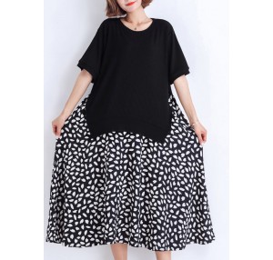 Women black Cotton tunic dress Casual pattern patchwork false two pieces oversized Summer Dresses