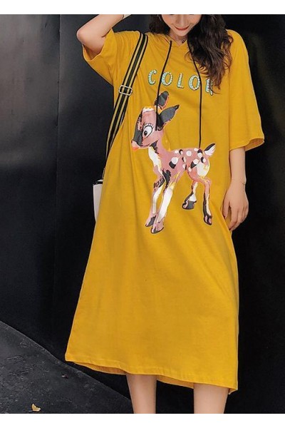 Unique yellow print cotton quilting dresses Indian Shape o neck Half sleeve Kaftan Summer Dress