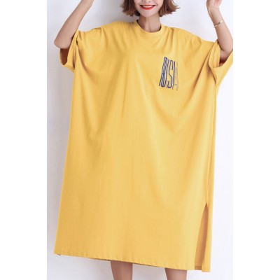 Women yellow cotton dress plus size Fabrics o neck side open Art Summer Dresses