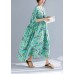 Organic green print linen Wardrobes Vintage design o neck Cinched Robe Summer Dresses